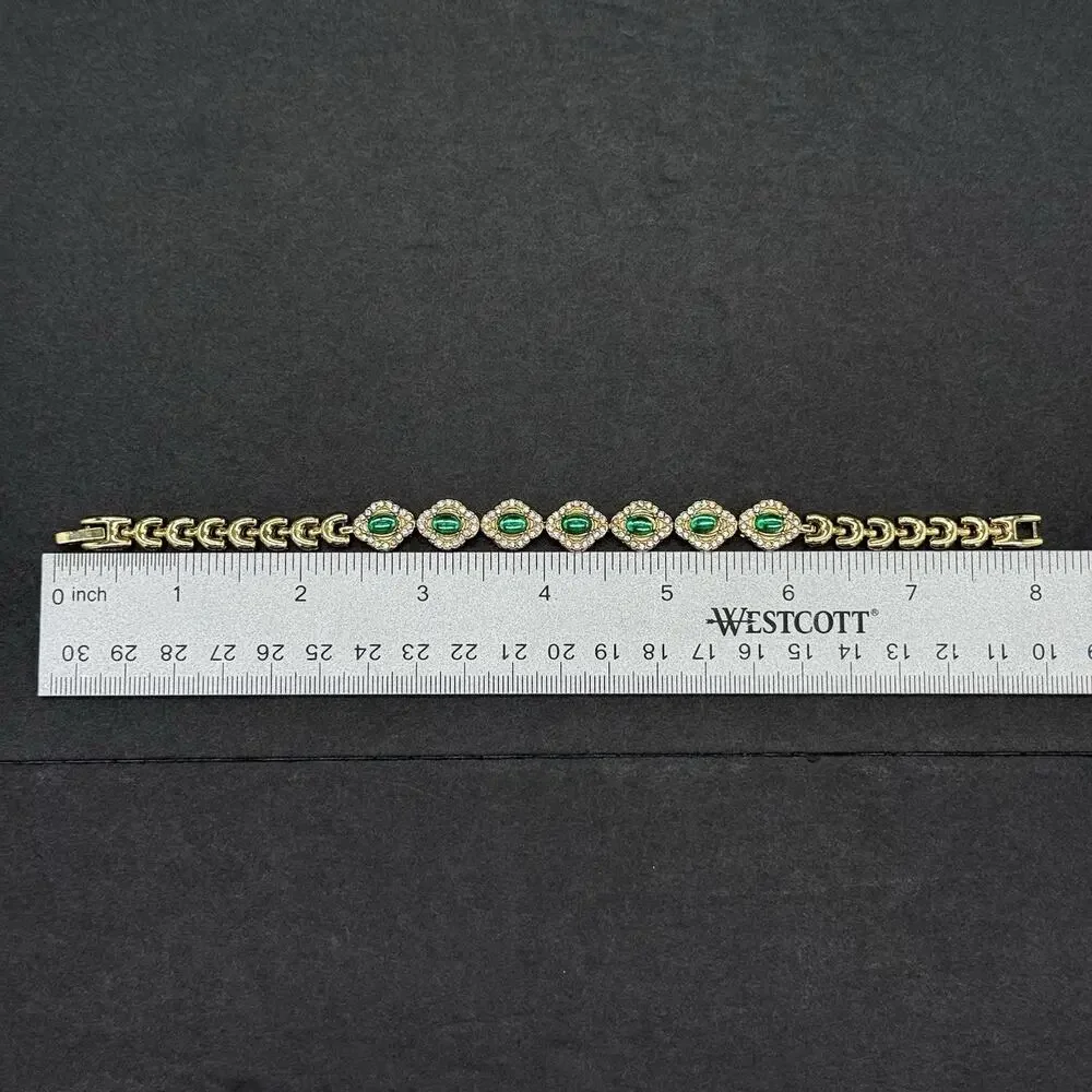 Gold Tone Clover Watch Bracelet Set 2 Pc Faux Emerald Jade Green Rhinestone NEW